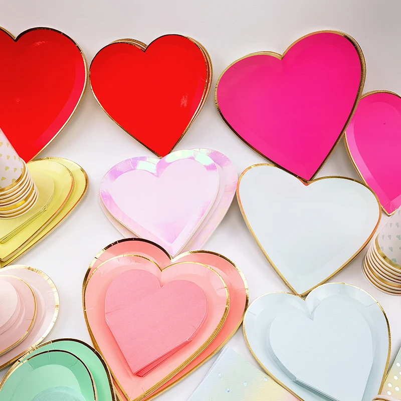 Gold Foil Heart Paper Plates Disposable Valentine's Day Tableware Set Party Decoration Eco-Friendly Biodegradable in Stock