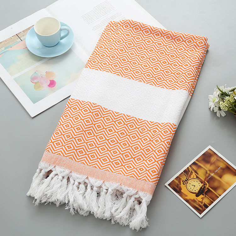 25 Cross-Border Exclusive Supply of Ready-Stock Polyester-Cotton Thick Plain Turkish Tassel Diamond Beach Towel Cotton-Linen Jacquard Diamond Pattern