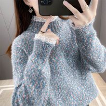 雪尼尔蕾丝领假两件毛衣女外穿加厚宽松秋冬套头半高领冰丝肩带款