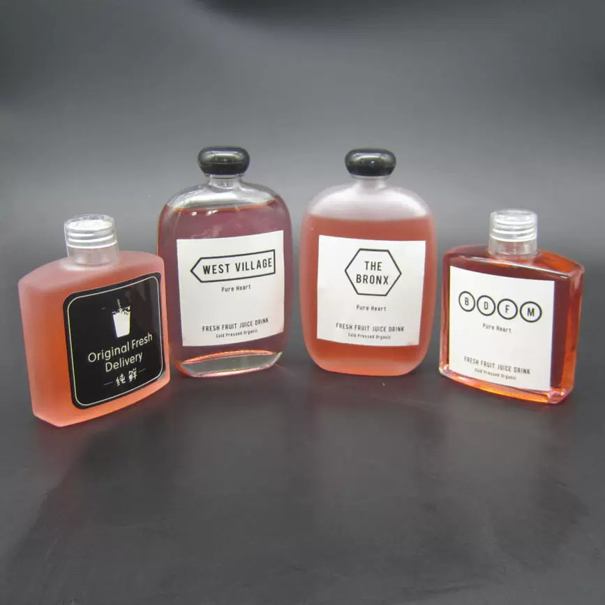 复古扁酒瓶咖啡冷饮奶茶瓶果汁饮料瓶轻食瓶 斜肩扁玻璃空瓶酒瓶