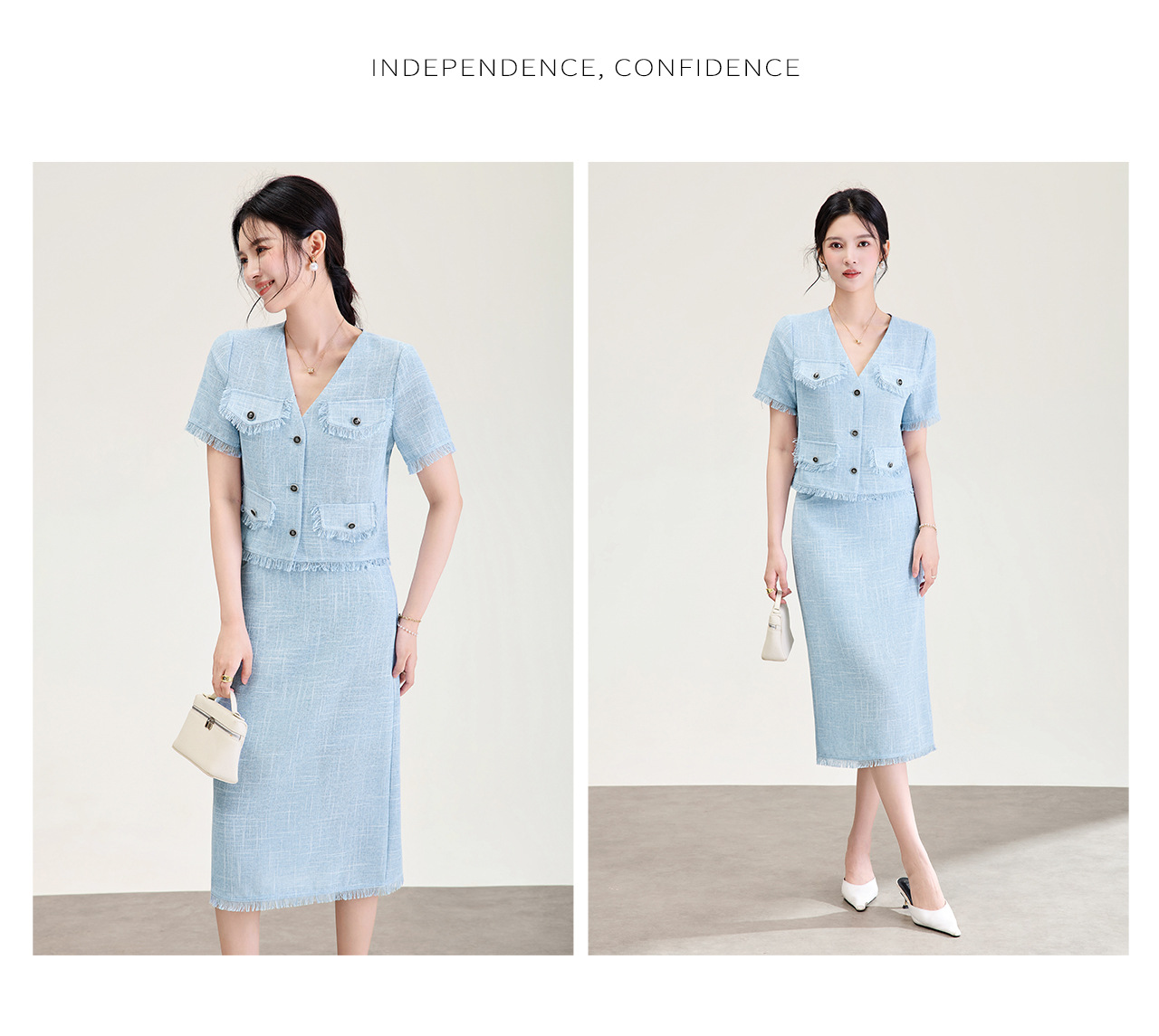 Bộ hai mảnh áo tay ngắn kiểu Chanel + chân váy midi cao cấp nữ mùa hè — xanh lam chi tiết 13