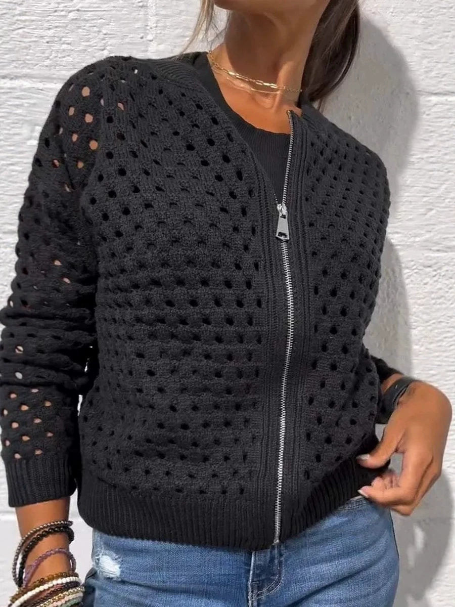 2026 nueva estación independiente de Amazon Europa y Estados Unidos ropa de mujer casual jersey hueco chaqueta con cremallera de punto chaqueta de mujer