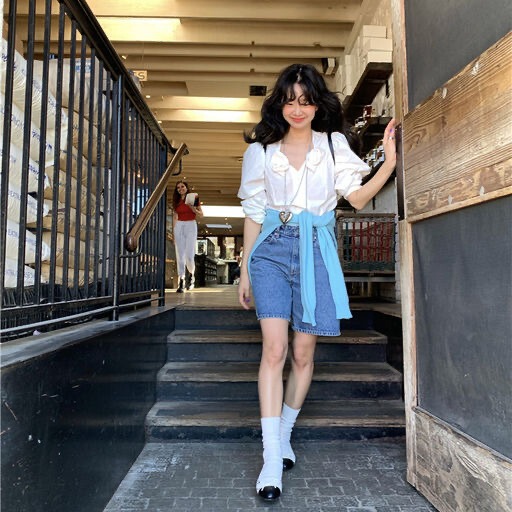 Now Korean Dongdaemun Designer S*U23 Spring Workwear Design Leather Label Denim Shorts