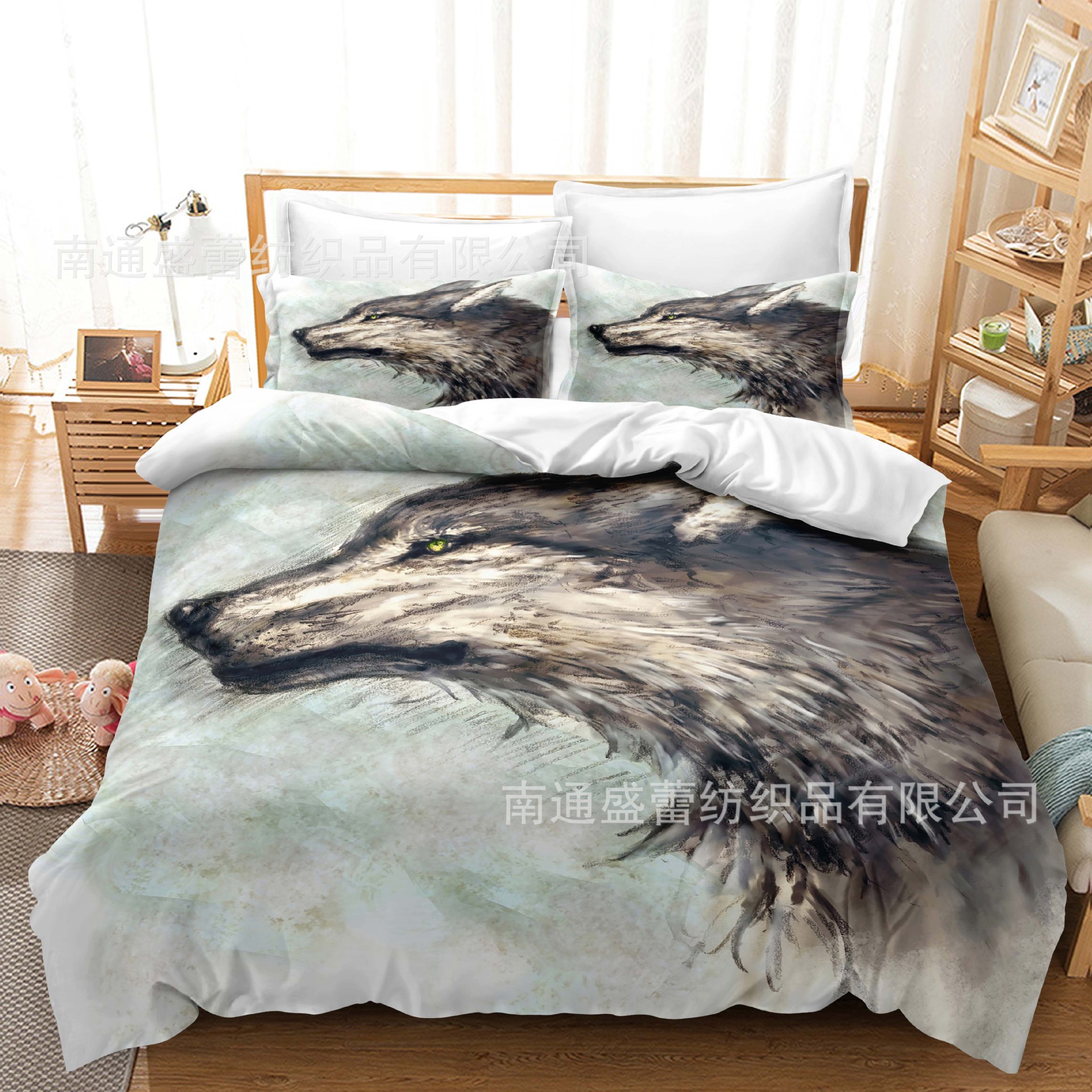 Serie de lobo 3D Impresión digital transfronteriza cubierta de edredón de comercio exterior conjunto de tres piezas conjunto de ropa de cama de cuatro piezas ventas directas de la fábrica