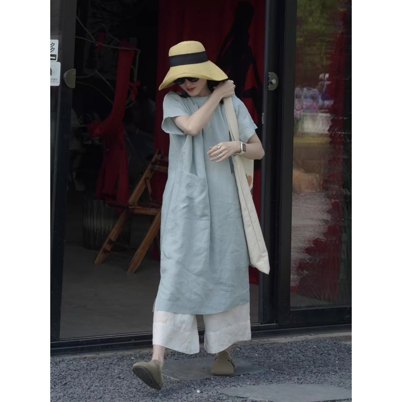 2024 Summer New Japanese French Elegant Lazy Large Pocket Round Neck Dress Artistic Style Long Robe_ecoleips.com