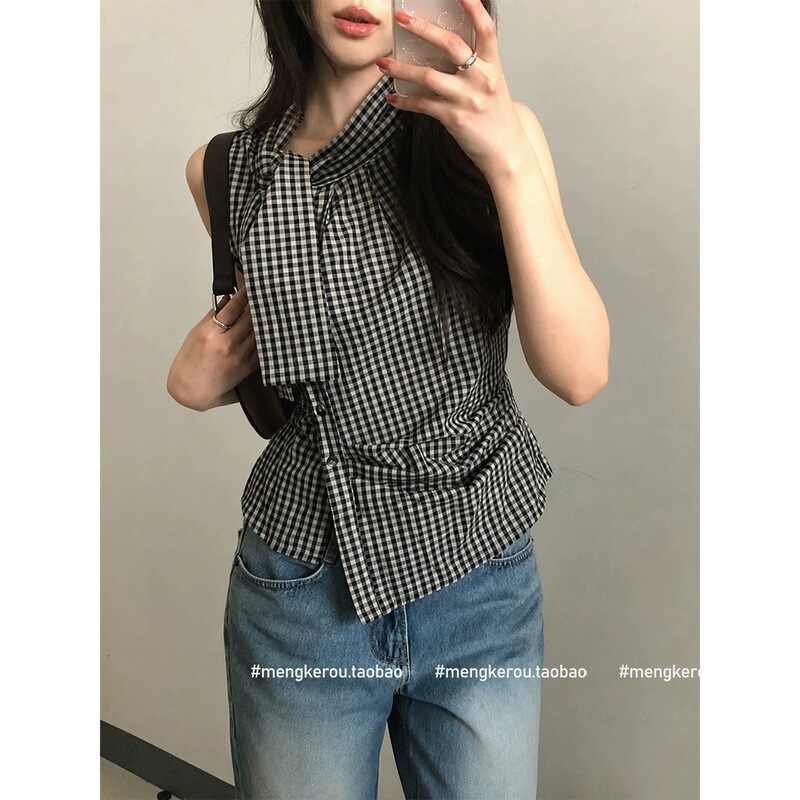 Korean-style plaid tie-neck short-sleeve shirt for women, summer, with an asymmetrical design, slimming and stylish top for a chic look Korean-style plaid tie-neck short-sleeve shirt for women, summer, with an asymmetrical design, slimming and stylish top for a chic look