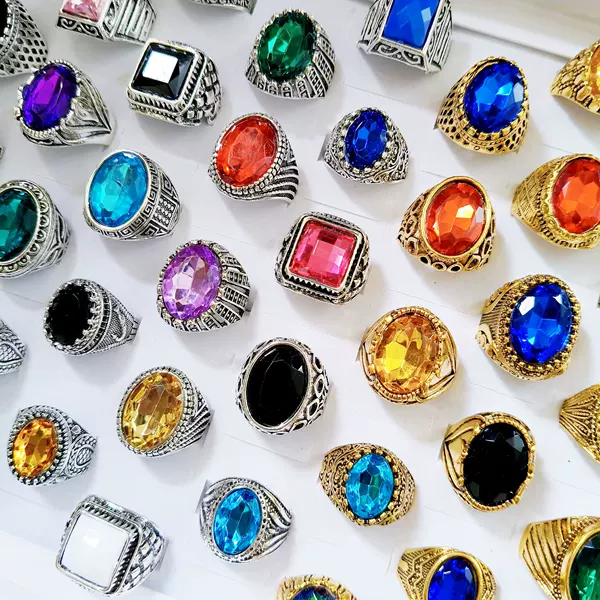 European and American Style Exaggerated Colorful Gemstone Rings Wholesale Gold-Plated Men's Vintage Ethnic Style Ring Set Mixed Batch