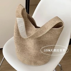 夏の女性の大容量バケツバッグ手作りのラフィーバー編み日系海辺のリゾートビーチバッグファッション