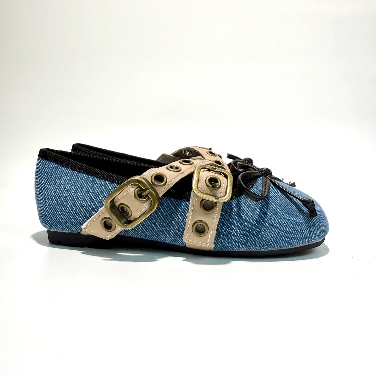 Denim blue girls' shoes, high-end, medium and large children's casual, versatile, breathable, bow-knot, soft-soled, beautiful girls' leather shoes