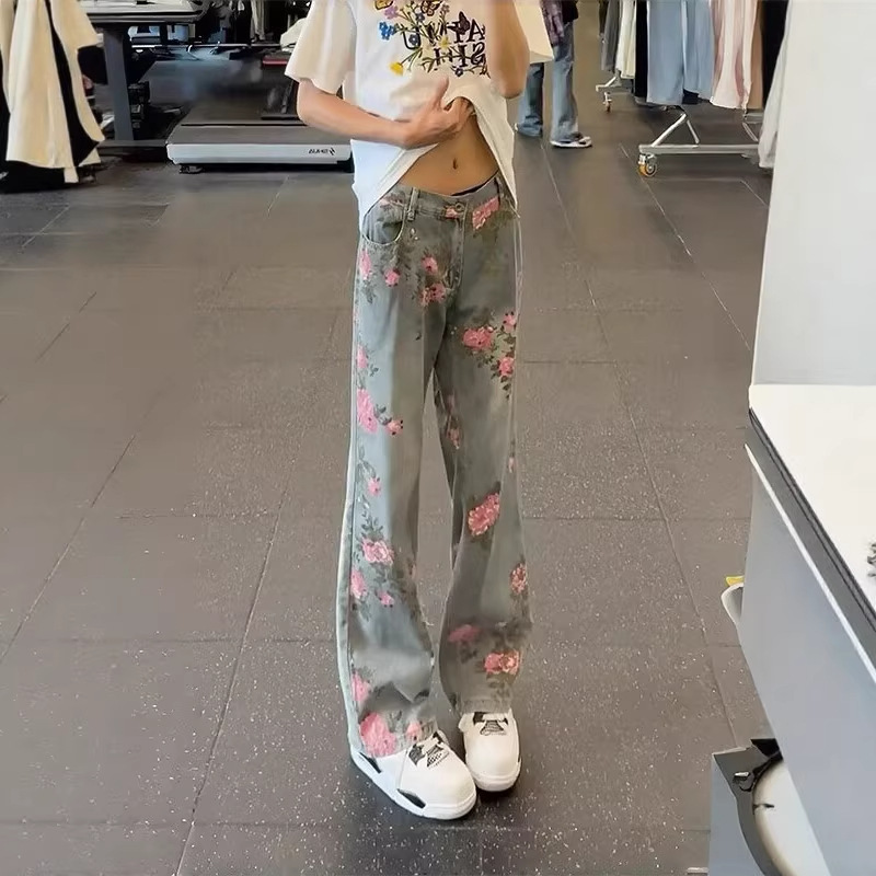 Rose Flower Jeans for Men, Autumn American Retro Style Wide-Leg Flared Pants, Gucci Rose Flower Jeans