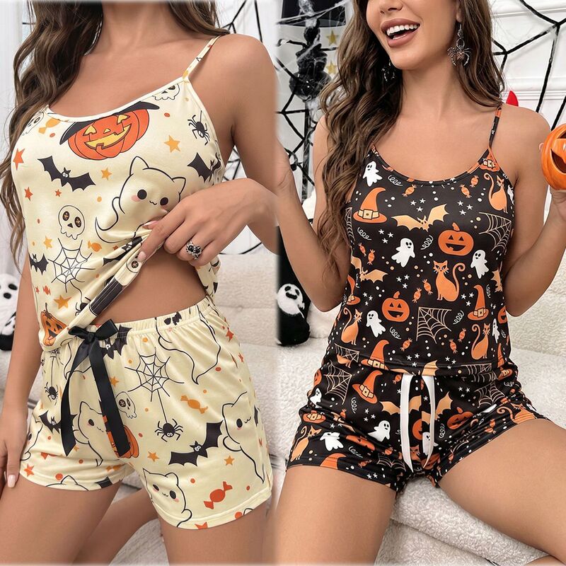 Cross-border foreign trade Halloween pajamas for women, festive pumpkin design, spring/summer casual home wear, sexy camisole and shorts set Cross-border foreign trade Halloween pajamas for women, festive pumpkin design, spring/summer casual home wear, sexy camisole and shorts set