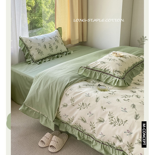 Cotton 60-count long-staple cotton bed four-piece set pure cotton autumn and winter lace quilt cover four-piece floral bedding set