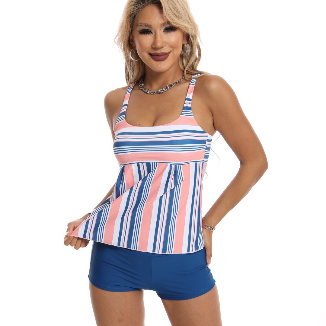 Ensemble bikini de maillot de bain une pièce pour femme, haut rayé à col montant et bas à jupe, tailles S à 5XL, bleu et rose, protection solaire UPF 50+_voghion.com