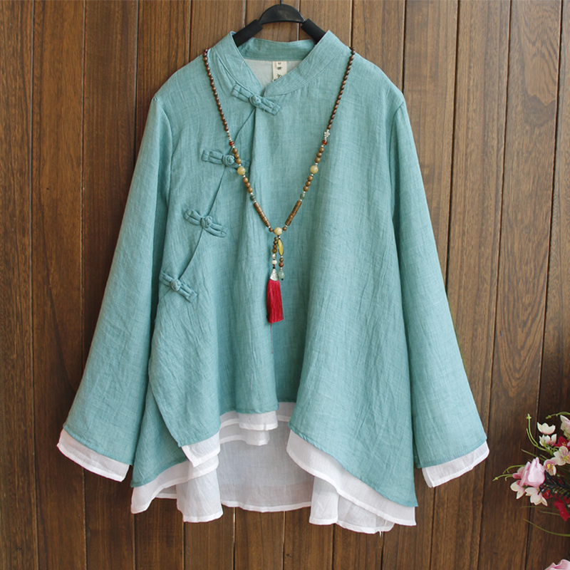 Vertical Collar Slant Placket Button Elegant Long Sleeve Cotton Linen Top Women's Spring and Autumn Chinese Style Shirt Zen Tea Clothing Linen Chinese Style