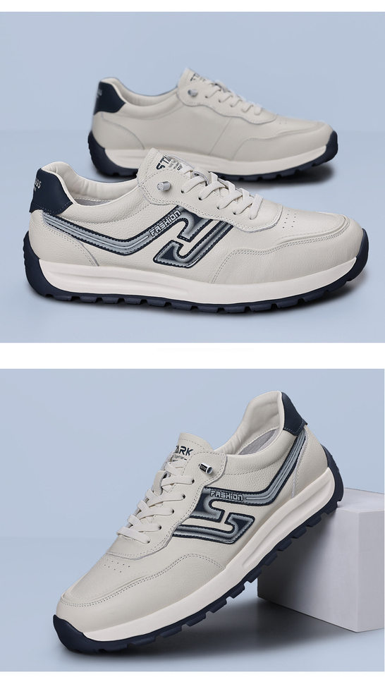 Giày sneaker nam da bò lớp đầu, kiểu Forrest Gump, da thật mỏng nhẹ thoáng khí, đế xốp, cổ thấp — Hạnh nhân trắng, Trắng xanh chi tiết 16