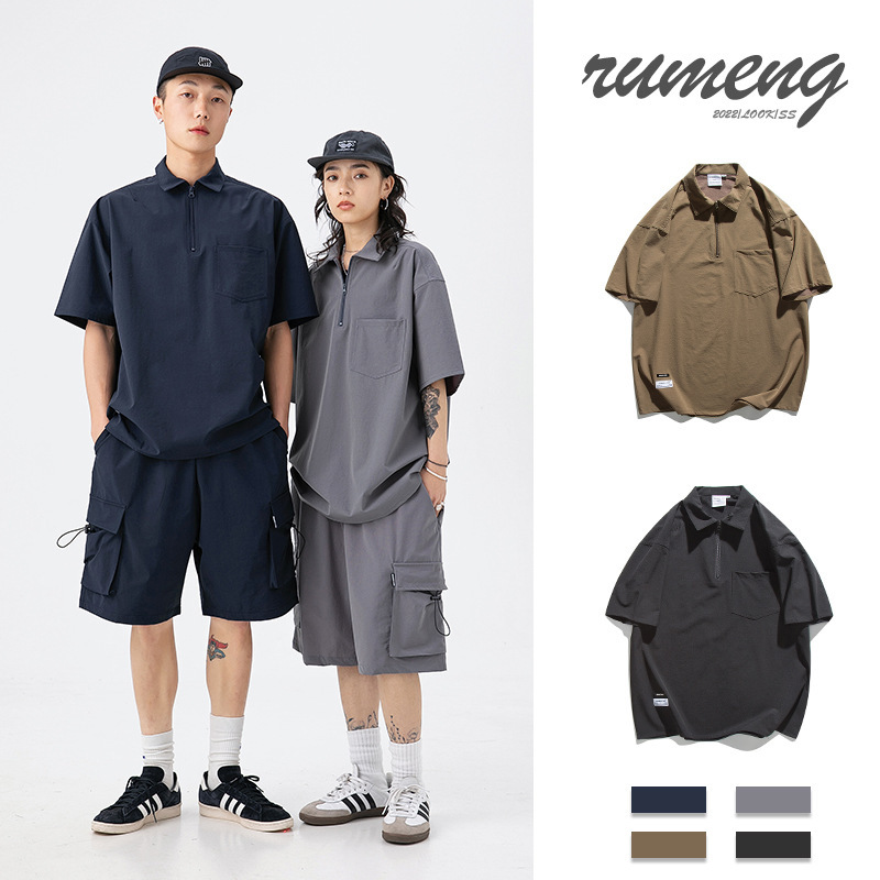 Ru-Meng Japanese Retro Outdoor Sports All-match Solid Color POLO Shirt Short-sleeved T-shirt suit Men's and Women's Casual Shorts Trendy