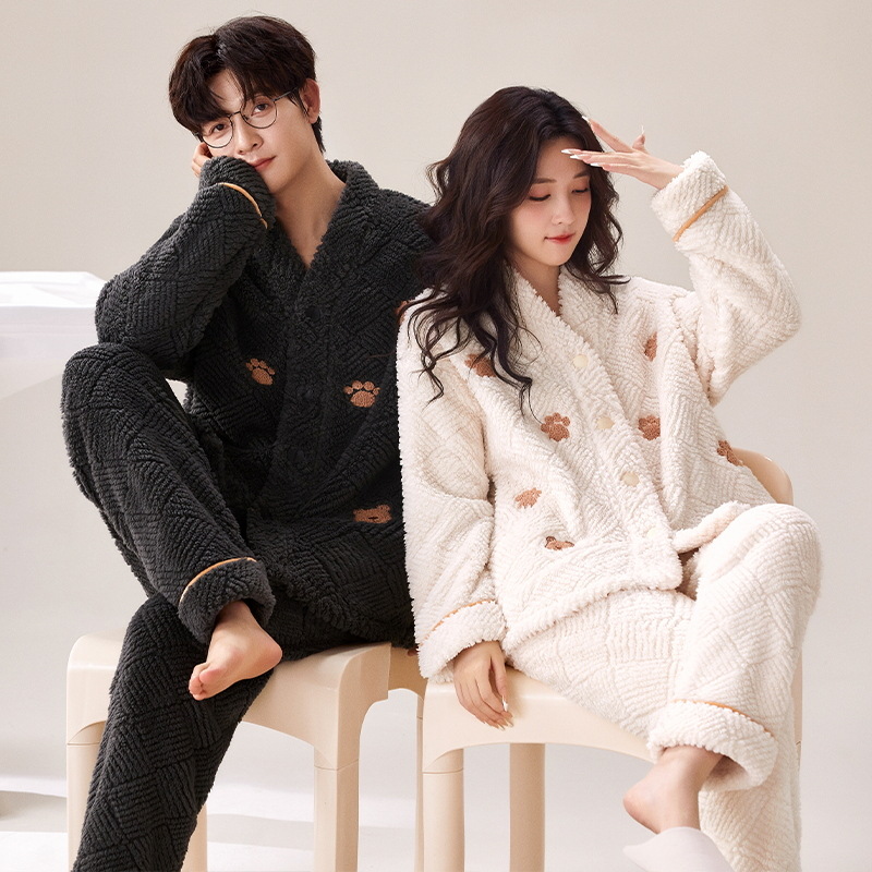 (2개) 가디건 기모노 커플 잠옷 겨울 플러스 벨벳 두꺼운 따뜻한 한 남녀 산호 벨벳 홈웨어 세트