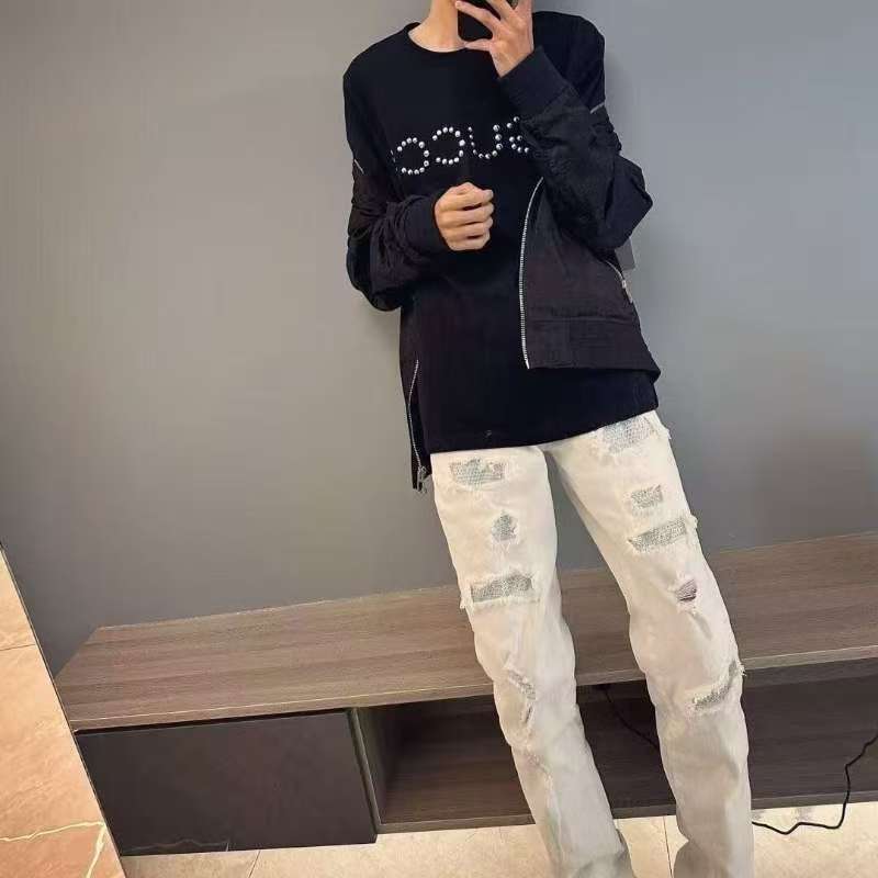 高街破洞烫钻牛仔裤男春秋季休闲百搭美式复古水洗做旧修身直筒裤|undefined
