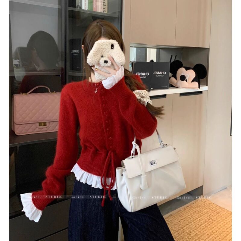 New Red Design Knitted Sweater with Patchwork Knit, Sweet Ruffle Lace-Up Base Sweater with Long Sleeves for Winter