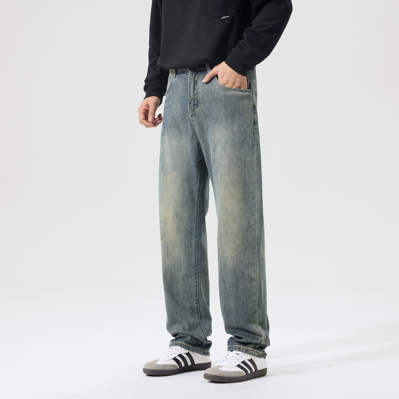 Spring and Autumn Men's Wide-Leg Jeans in Yellow Mud Color, Slightly Stretchy, Loose Straight-Cut, Washed Vintage Style Denim Pants Spring and Autumn Men's Wide-Leg Jeans in Yellow Mud Color, Slightly Stretchy, Loose Straight-Cut, Washed Vintage Style Denim Pants