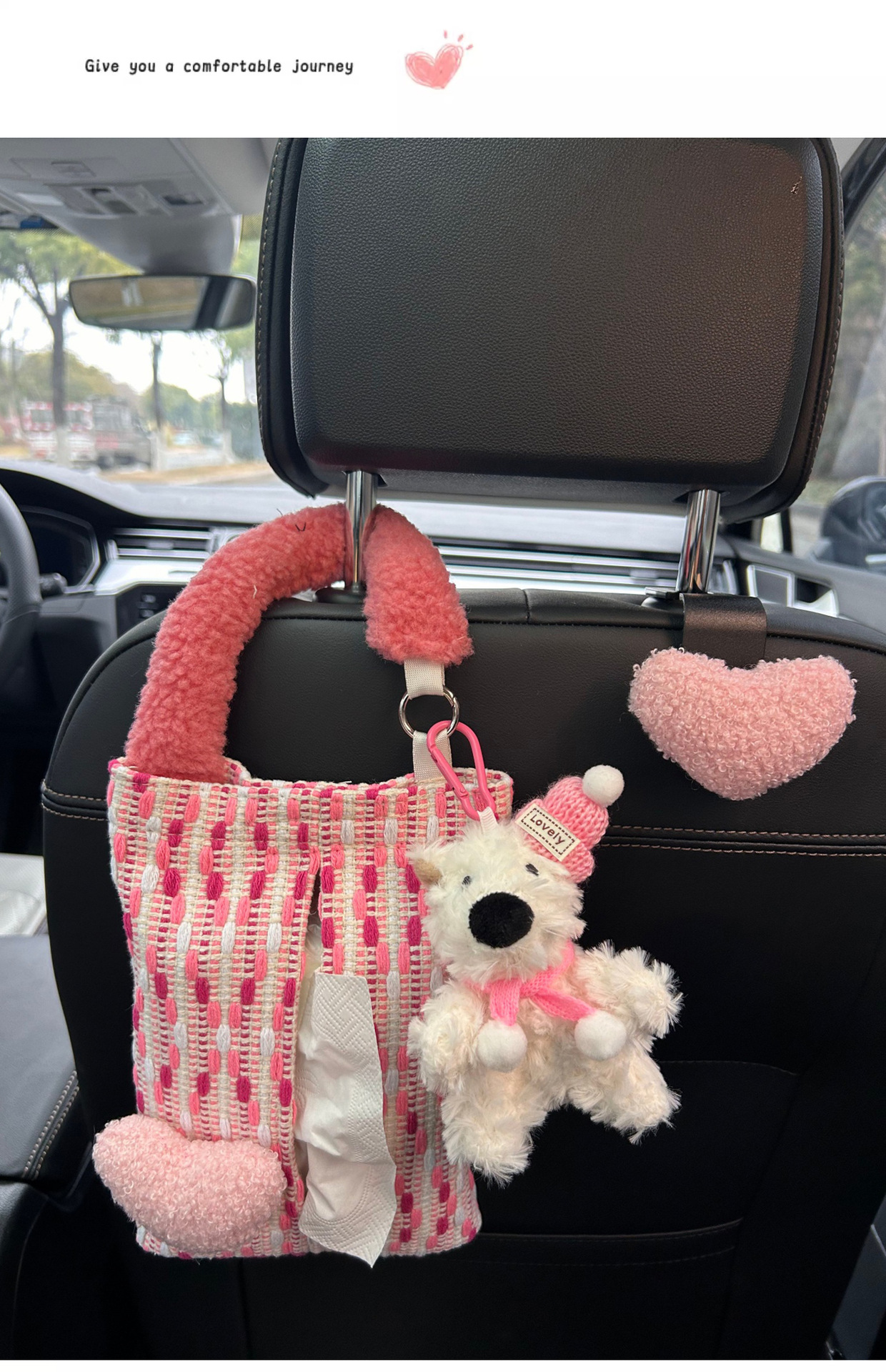 Car-mounted tissue box and trash bin 2-in-1, West Highland style, trendy car tissue bag, hanging type, high-end tissue bag for women