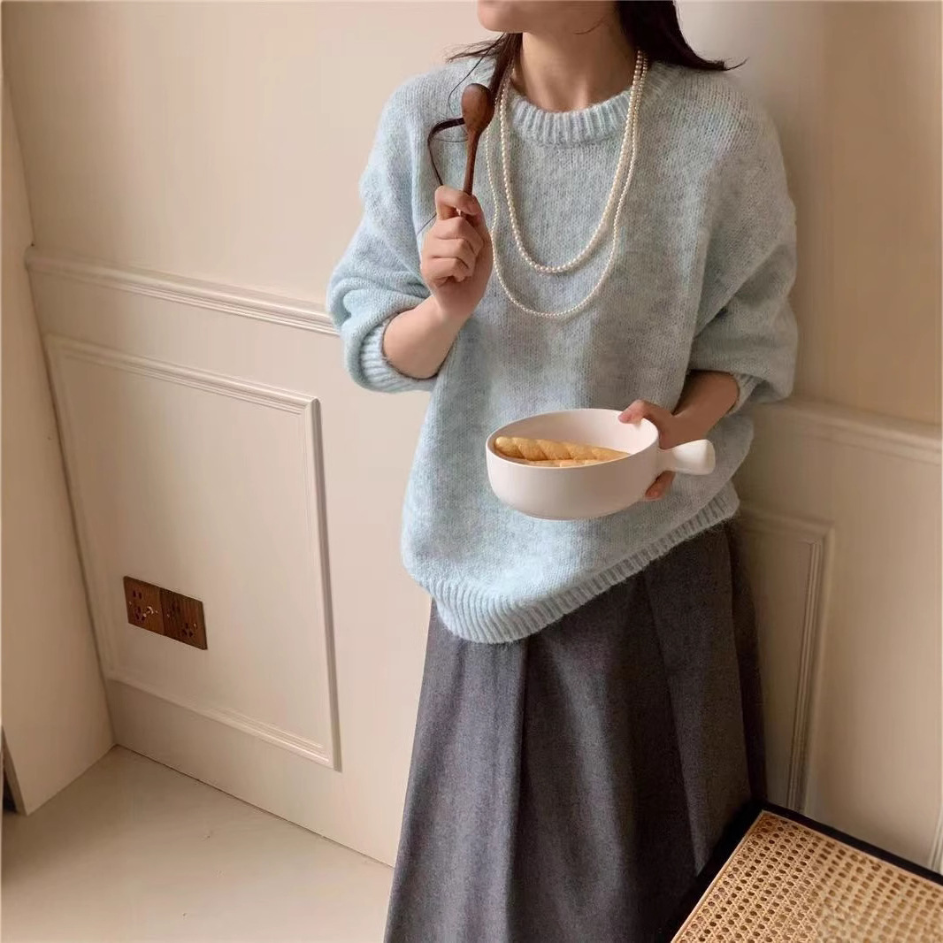 Cozy Oversized Knit Sweater – Soft & Youthful Pullover (Polyester-Nylon Blend, Round Neck, Long Sleeve, Casual Chic)_voghion.com