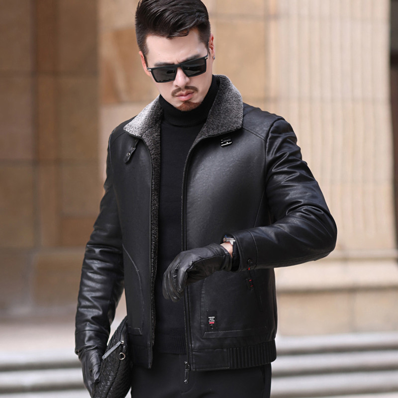 Haining chaqueta de mediana edad y ancianos abajo chaqueta de cuero casual de los hombres Chaqueta corta solapa engrosada chaqueta de piel de oveja moda