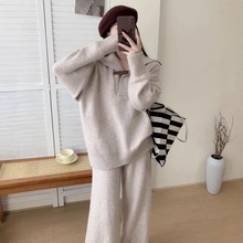 韩系慵懒风休闲运动毛衣套装女秋冬新款宽松软糯百搭针织两件套潮