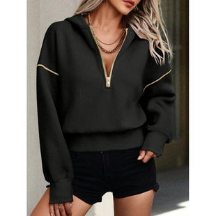 Real Shot Autumn and Winter New Solid Color Bumped Edge Strip Zipper Hooded Short Sweat Loose Casual European Station Explosions