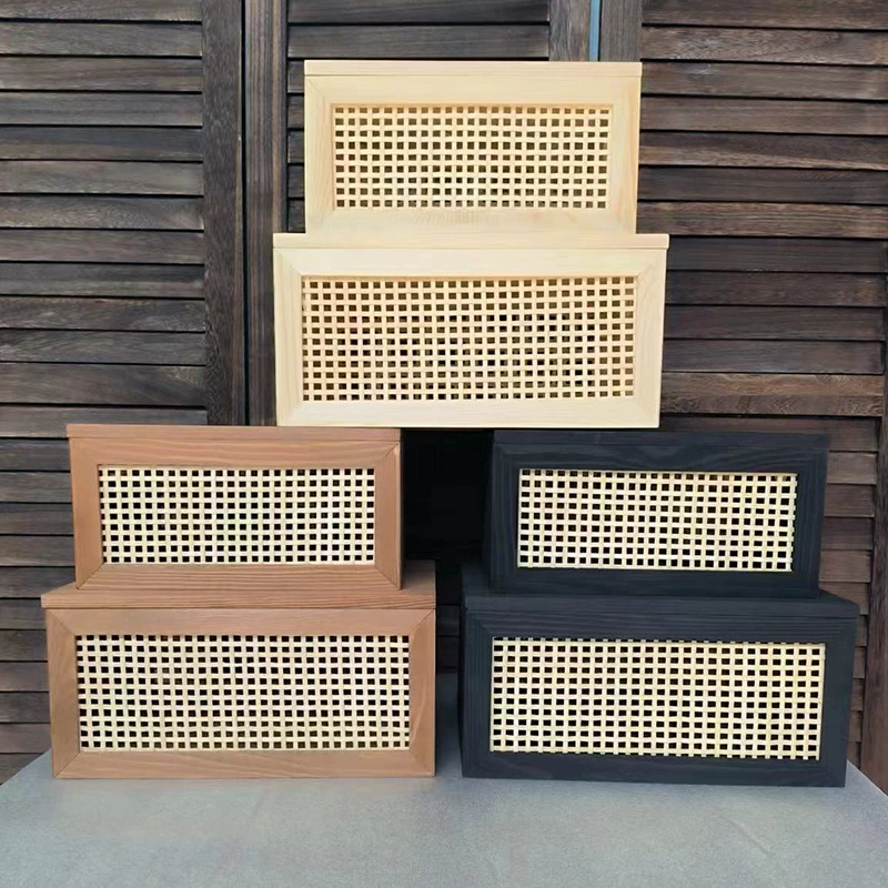 Ретро ротанговая корзина для хранения Настольная коробка для хранения высокого уровня из цельного дерева