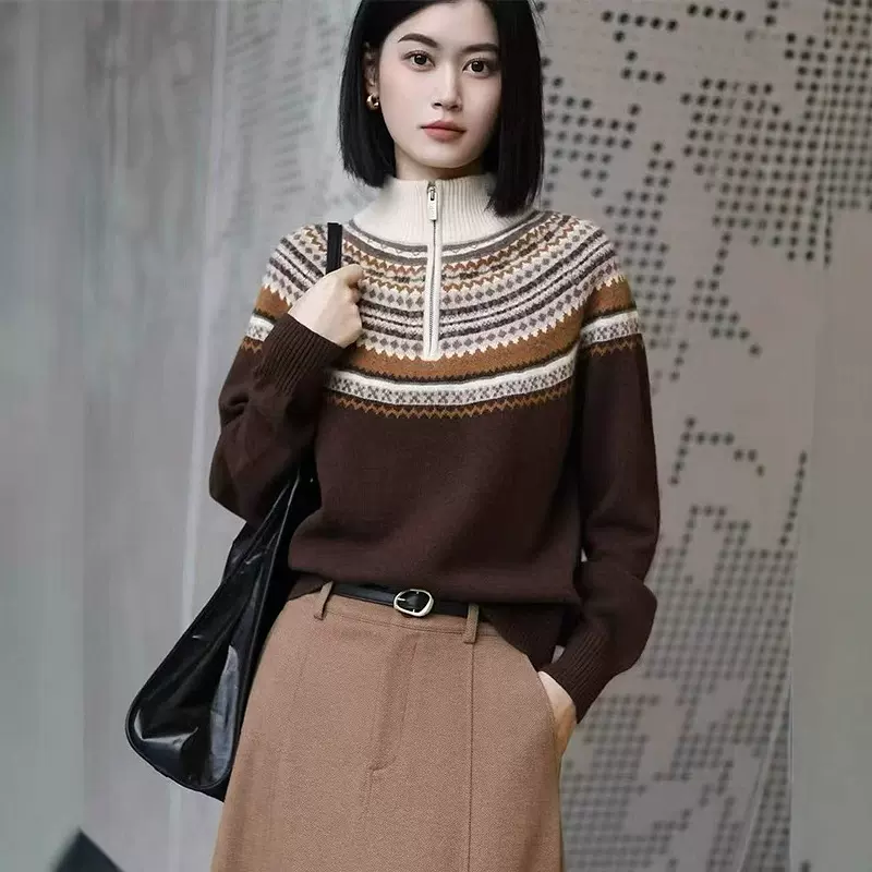 25秋冬新款纯羊毛费尔岛提花复古半拉链套头毛衣羊毛打底衫女