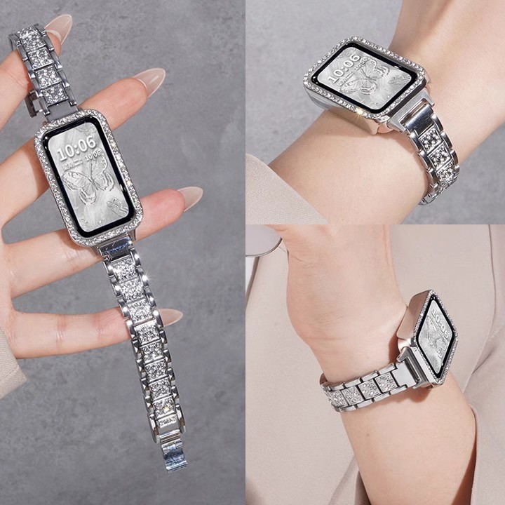Suitable for Huawei Band 9 Watch Strap with Metal and Diamond Embellishments, Three Small Chanel-Style Flowers, Huawei Band 10/11 Women's Watch Strap