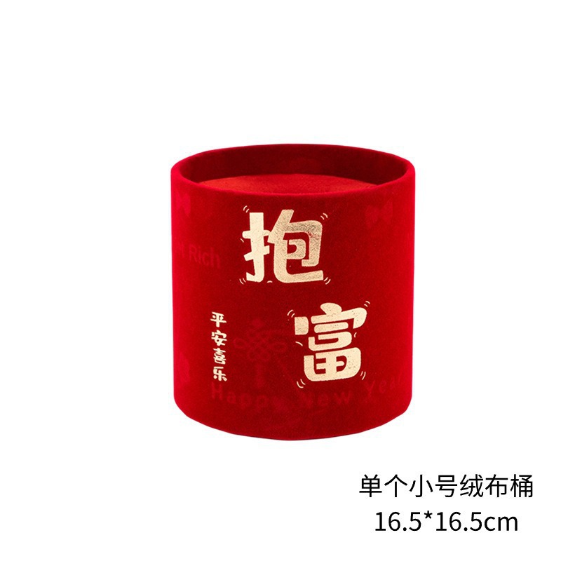 Barril de Año Nuevo cubierto de doble redondo estampado dorado rojo abrazar barril de tela de terciopelo al por mayor barril de flores de flores de Año Nuevo