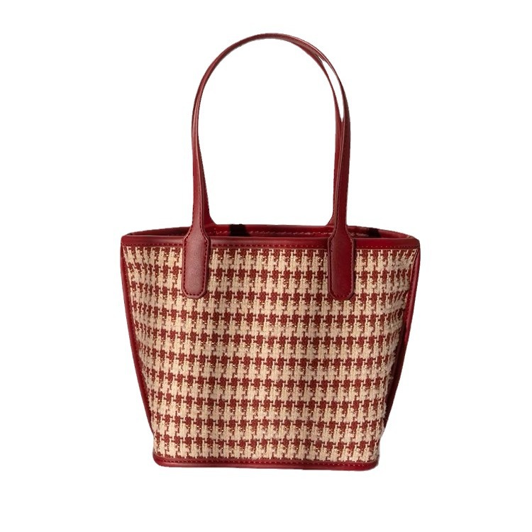 Red Thousand Bird Grid New High Grade Water Bucket Cabbage Basket Wedding Bridal Bag Handbag Daily Usable_voghion.com