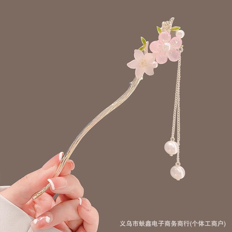 Peach blossom tassel hairpin women's new Chinese cheongsam Hanfu hairpin back head ancient style high-grade updo hair accessories
