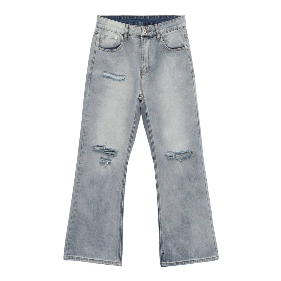Quần jean nam ống loe nhẹ rách gối phong cách retro, dáng rộng ống suông tôn dáng, quần dài casual — Xanh nhạt, Xanh đậm