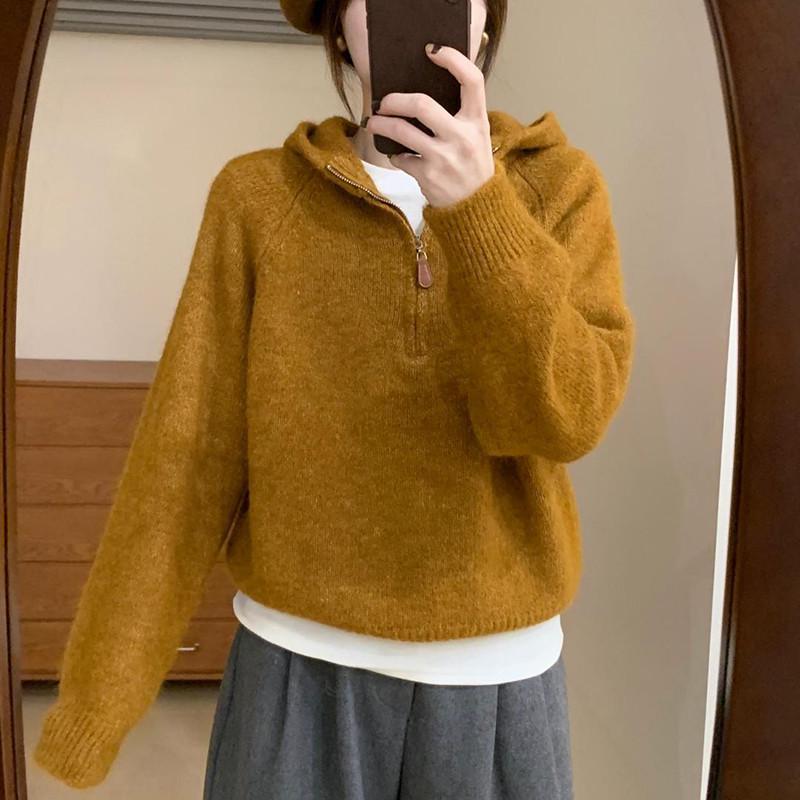 设计感半拉链套头连帽毛衣女秋冬新款韩系宽松纯色软糯气质针织衫|undefined