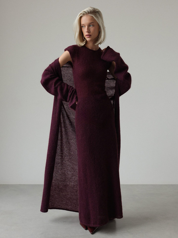 Bộ đầm dệt kim hai mảnh nữ gồm áo cardigan dài tay và đầm liền thân dáng dài — trắng, tím chi tiết 19