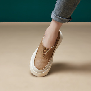 Genuine Leather White Shoes for Women 2025 Spring First-Layer Cowhide Slip-On Shoes for Women Retro Style Korean Style Casual Thick-Soled Shoes
