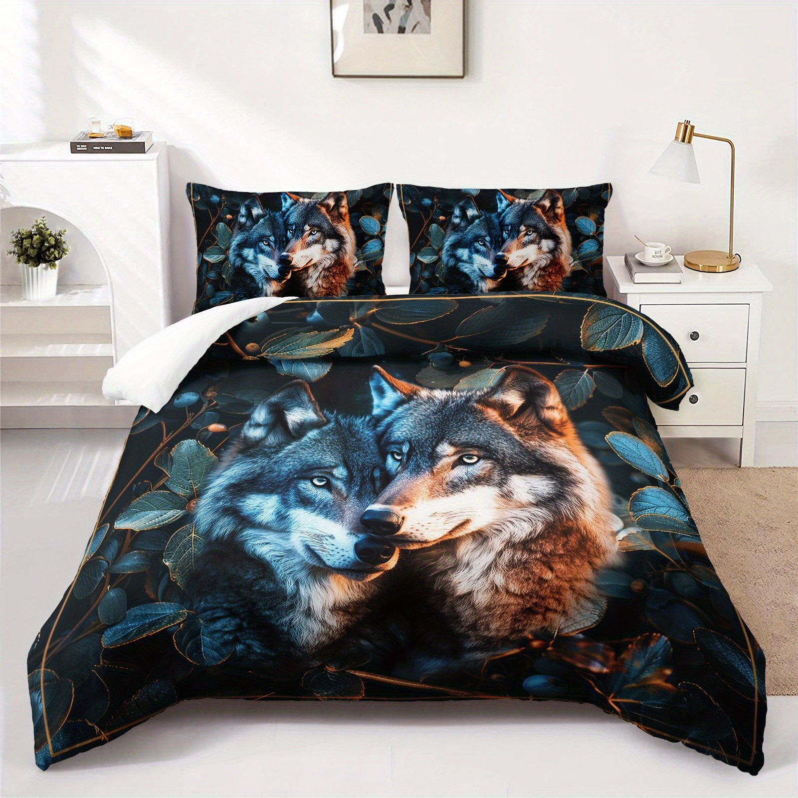 TEMU / JIT transfronterizo impresión digital abrasión edredón kit tridimensional animal lobo blanco estilo textil para el hogar dibujo puede hacer