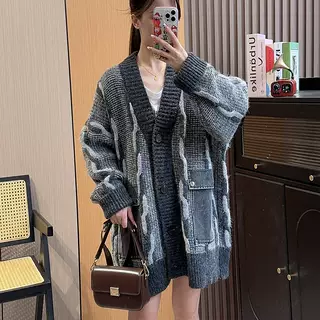 Denim Pocket Stitching Sweater Cardigan For Women - Grey - View 1