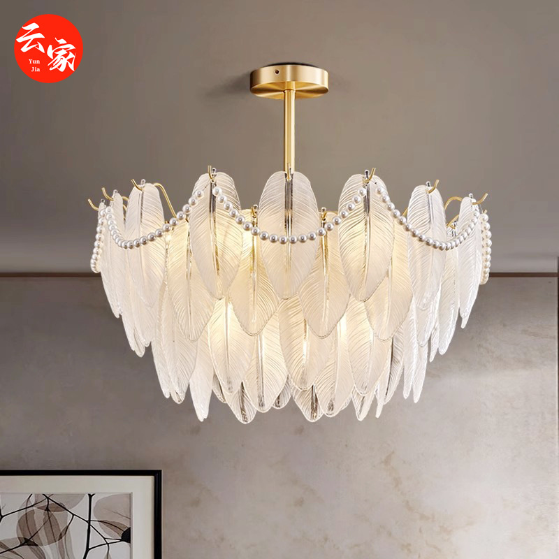 French full copper feather pendant light for modern minimalist living room, romantic decoration, luxurious crystal glass pearl restaurant lighting