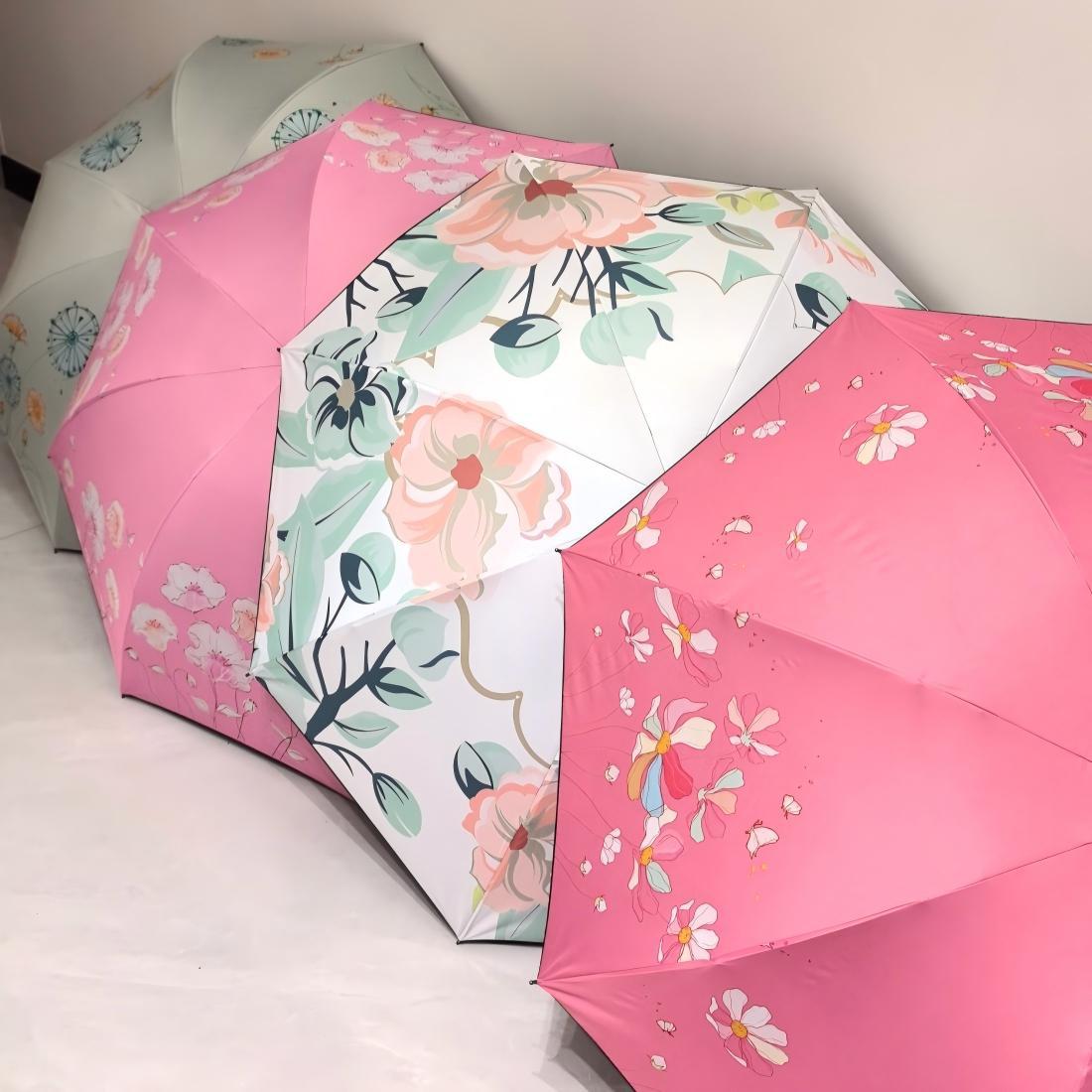 Sombrilla, de doble propósito para sol y lluvia, serie de flores, sombrilla plegable con revestimiento negro para protección solar.