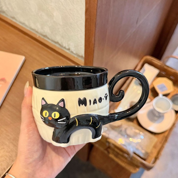 뚜껑 포함 입체 고양이 도자기 머그컵 360ml