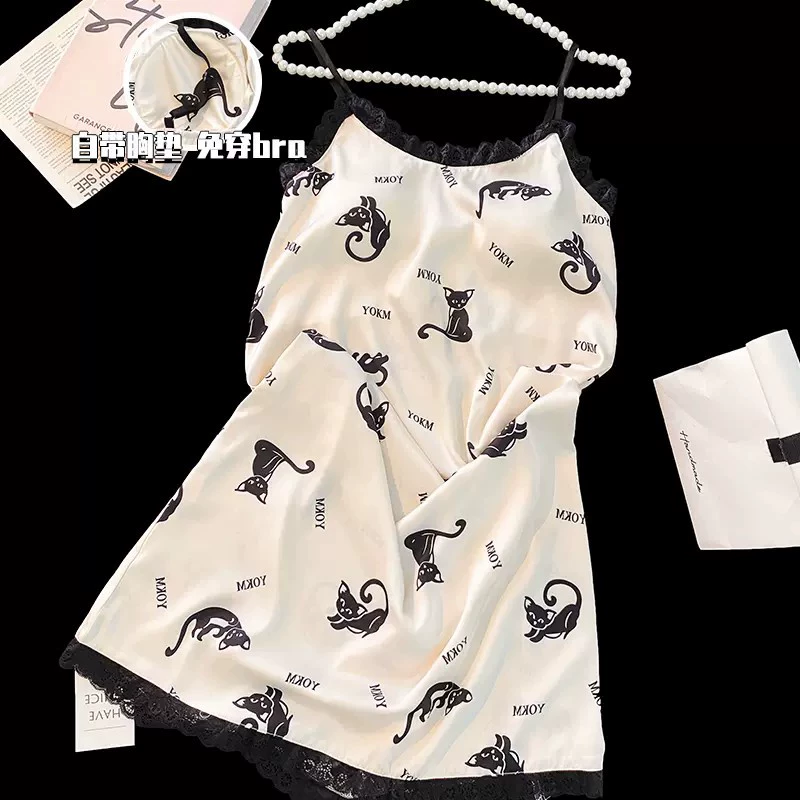 Шелковая майка-пижама на бретелях с чашечками, стиль slip-dress, принт кролик, размеры M–XXL (75–150 цун)