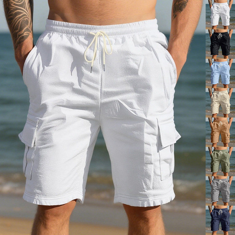 Cross-Border European and American Men's Beach Skin-Friendly Breathable Linen Loose Workwear Multi-Pocket Squat Jogging Casual Shorts for Men