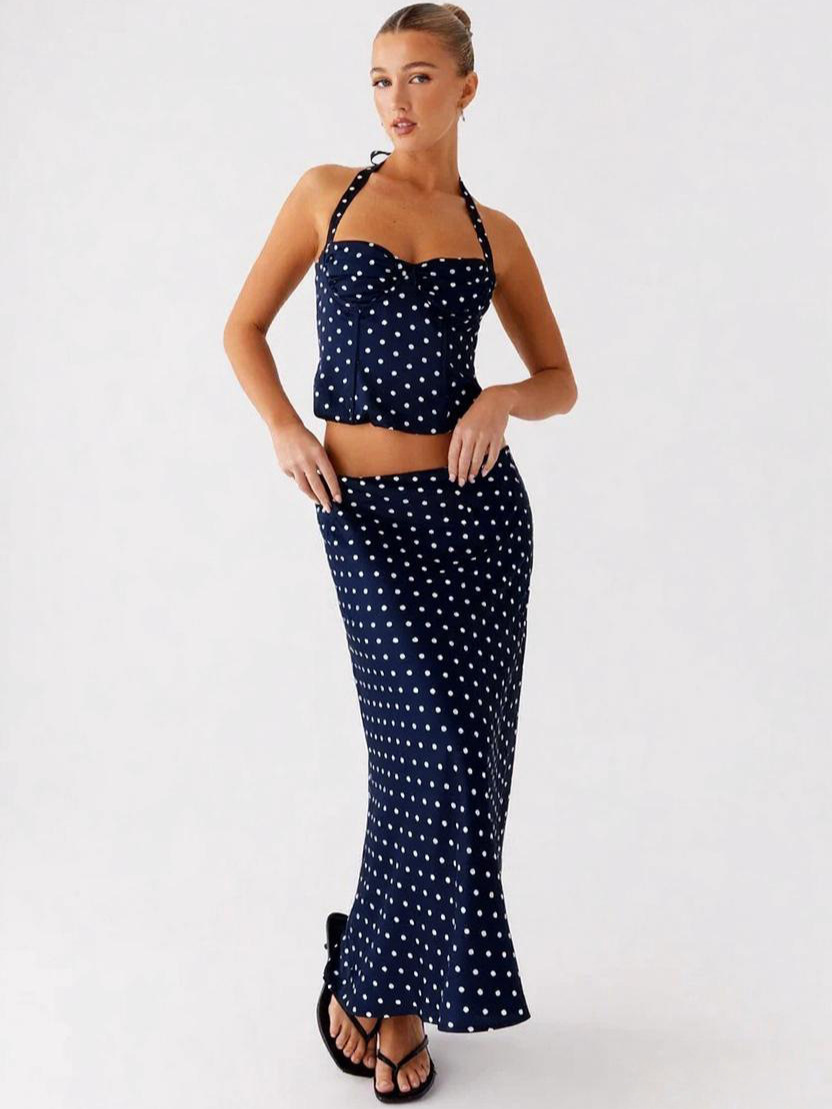 2025 European and American Women's Summer New Polka Dot Fashion Sexy Backless V-Neck Halterneck Suspender High-Waisted Long Skirt Two-Piece Set 3