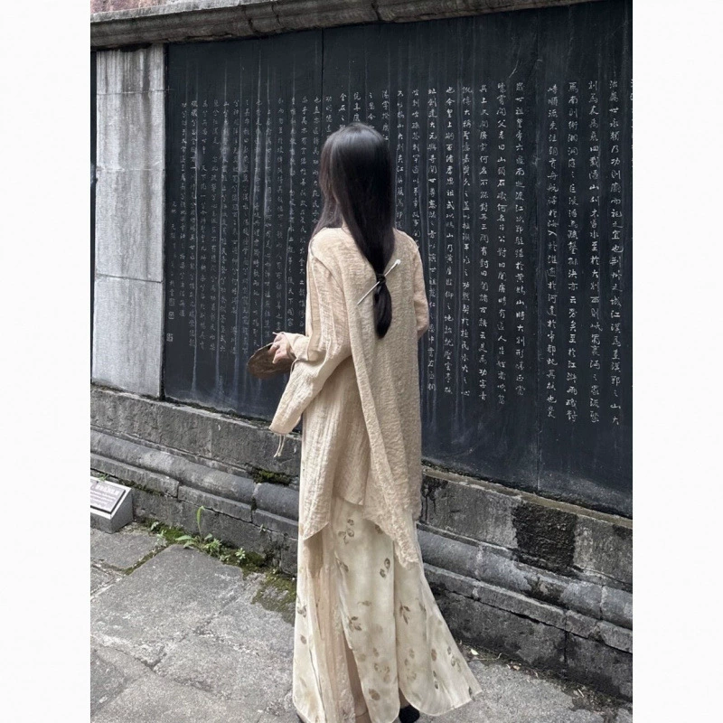 Новый китайский стиль, художественный китайский костюм, чайный костюм, женское весенне-летнее платье на подтяжках с кардиганом, комплект из двух предметов Zen Thin