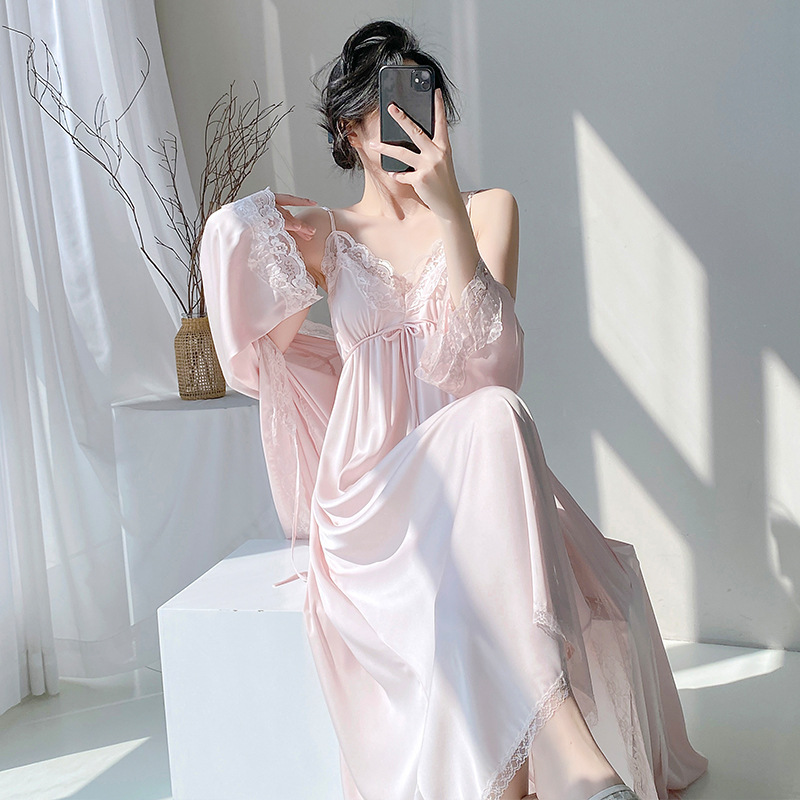 Palace Style Summer Ice Silk Home Clothes French Fairy Home Pajamas Sling Skirt Nightgown Two-piece Set with Chest Pad