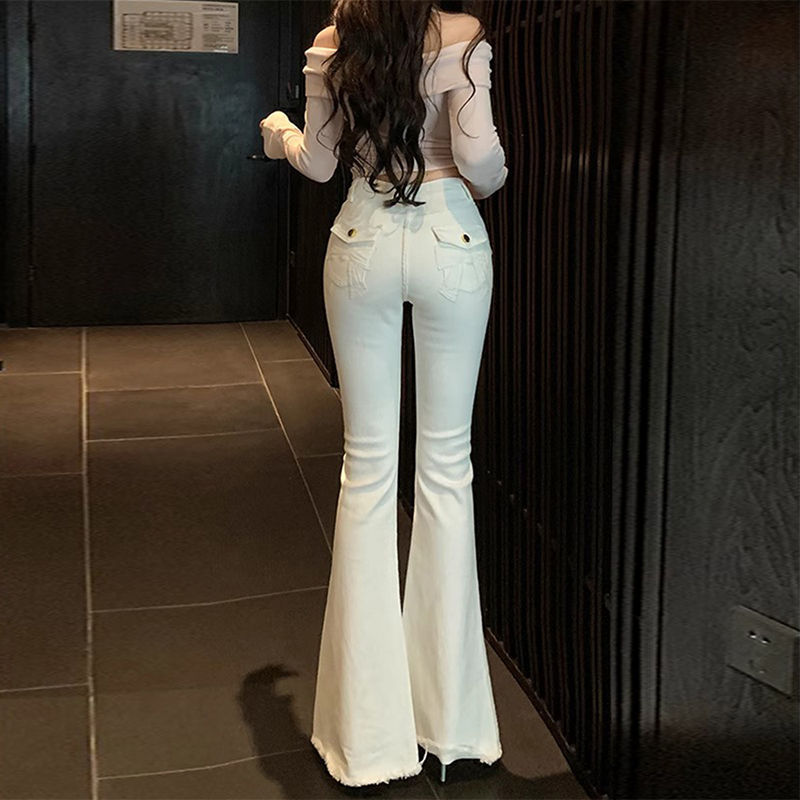 Design Sense White Bow Micro-Lar Jeans Women's 2025 Spring High Waist Slimming Spice Girls Trousers